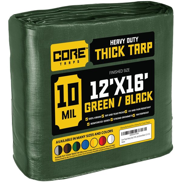 Core Tarps 16 ft L x 0.5 mm H x 12 ft W Heavy Duty 10 Mil Tarp, Green/Black, Polyethylene CT-603-12X16